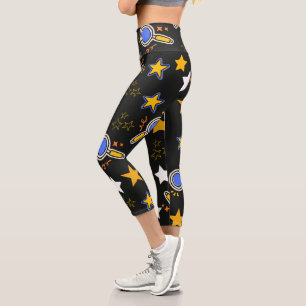 Fun hand drawn star pattern Black modern chic Capri Leggings