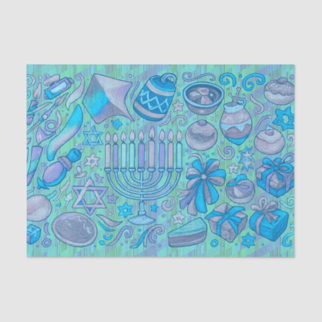 Fun Hanukkah Motifs All Blue Tissue Paper (Front)