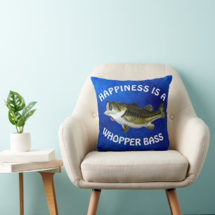Fun "Happiness Is" Largemouth Bass on Blue Cushion
