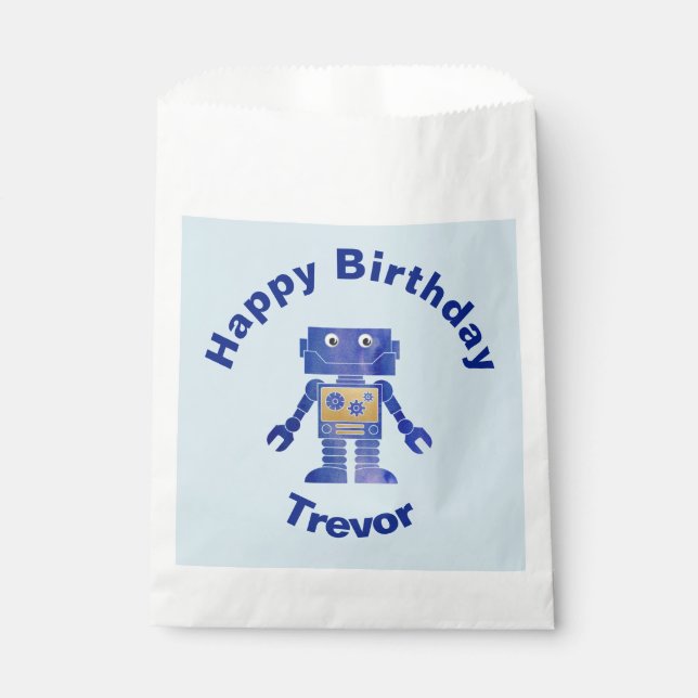 Fun Happy Birthday Blue and Gold Robot with Name Favour Bags (Front)