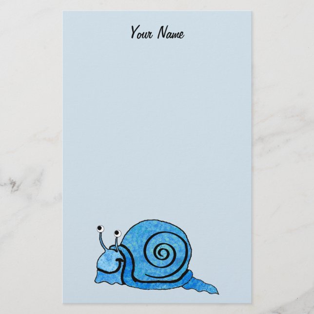 Fun Happy Cartoon Blue Snail on Light Blue Stationery (Front)