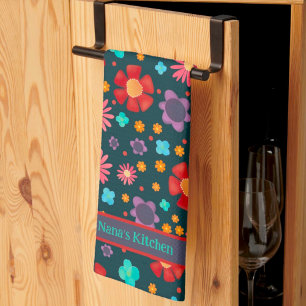 Fun Happy Colorful Floral Custom Name Stylish  Tea Towel