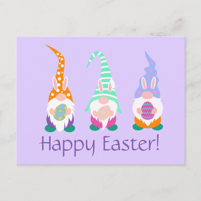 Fun Happy Easter Gnomes Bunny Ears Spring Lavender Postcard (Front)