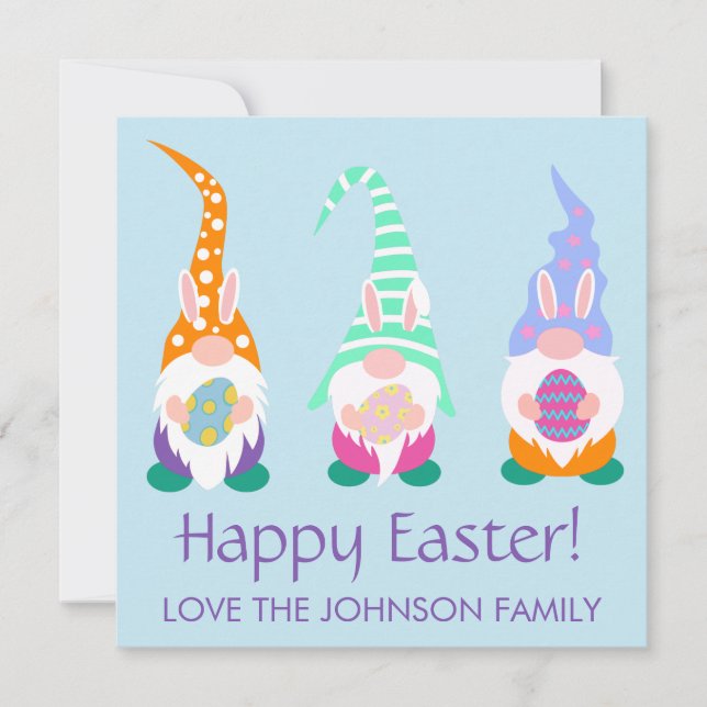 Fun Happy Easter Gnomes Spring Colours Personalise Holiday Card (Front)