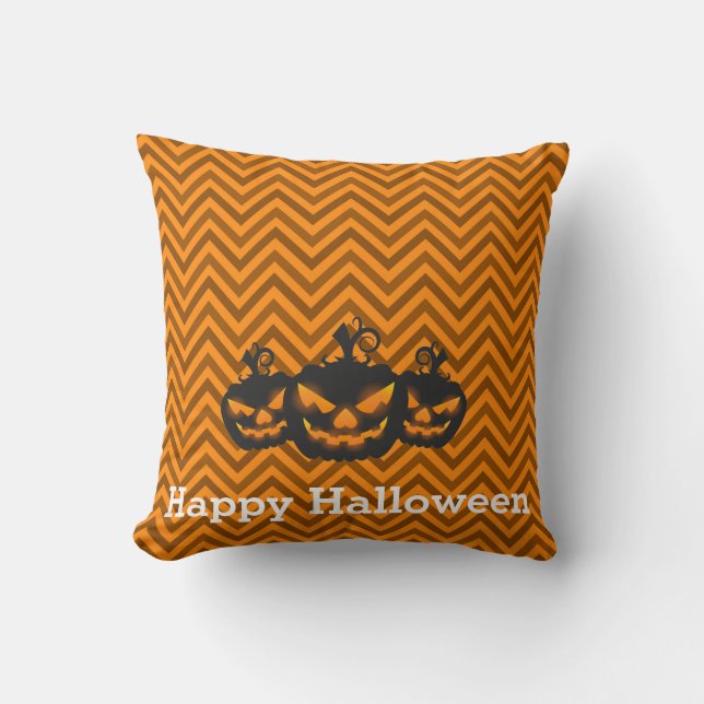 Fun Happy Halloween Chevron Pattern with Pumpkin Cushion (Front)