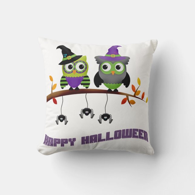 Fun Happy Halloween Pair of Owl with Spiders Cushion (Front)