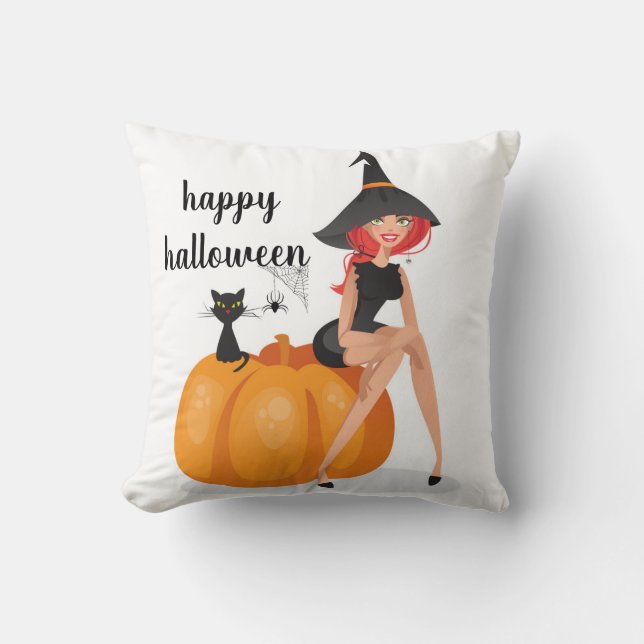 Fun Happy Halloween Spider Web Witch Pumpkin Cat Cushion (Front)
