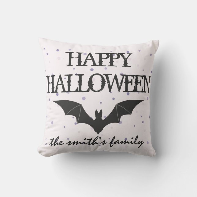 Fun Happy Halloween Trick or Treat Bat Burlap Cushion (Front)