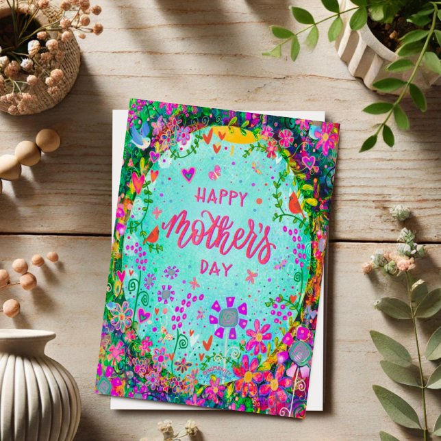 Fun Happy Mother’s Day Whimsical Floral Birds  Card (Creator Uploaded)