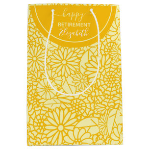 Fun Happy Retirement yellow daisy custom name Medium Gift Bag