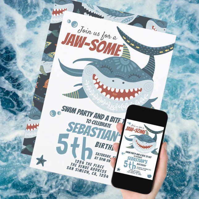 Fun Happy Shark Personalised Birthday Party Invitation (Jawsome Shark Birthday Party invitation from Ricaso. Available as printed or digital download. )