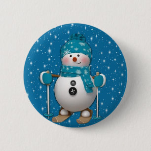 Fun Happy Skiing Snowman 6 Cm Round Badge