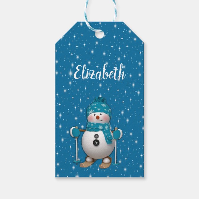 Fun Happy Skiing Snowman Gift Tags (Front)