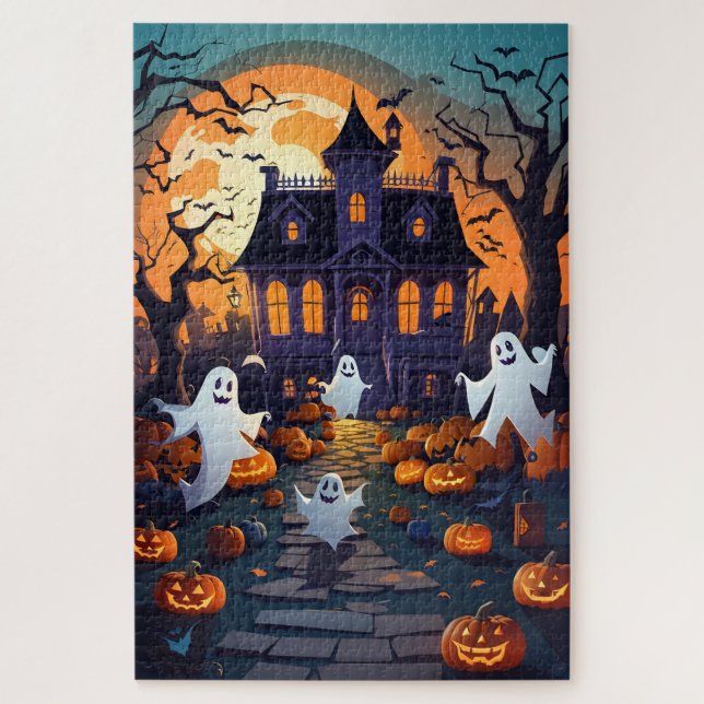 Fun Haunted House, Pumpkins and Ghost Halloween Jigsaw Puzzle (Vertical)