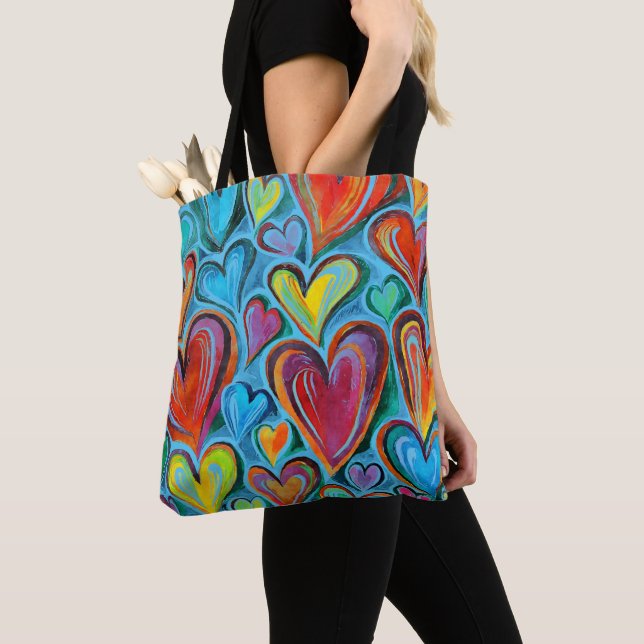 Fun Heart Pattern Blue Mix Tote Bag (Close Up)