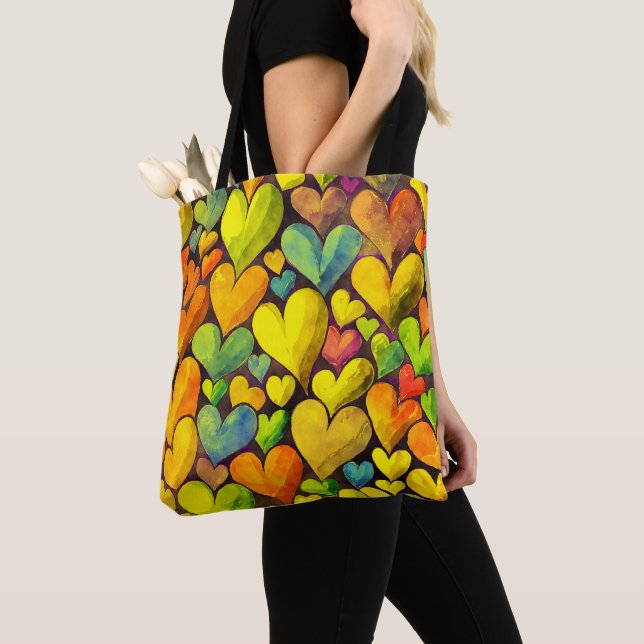 Fun Heart Pattern Yellow Mix Tote Bag (Close Up)