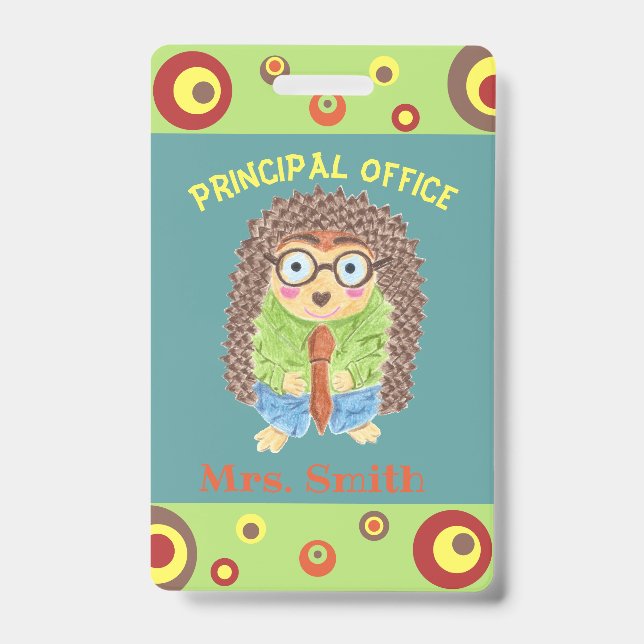 Fun hedgehog principal's office hall pass ID badge (Front)