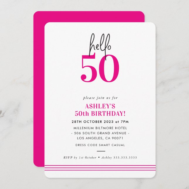 FUN hello 50 modern 50th birthday party pink Invitation (Front/Back)