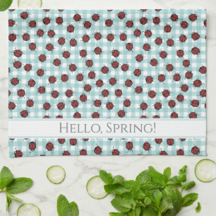 Fun Hello Spring Green Gingham Handdrawn Ladybugs  Tea Towel