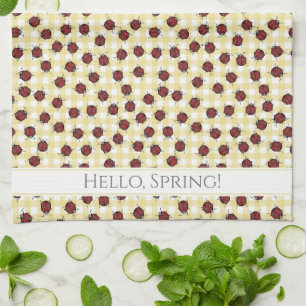 Fun Hello Spring Green Gingham Handdrawn Ladybugs Tea Towel