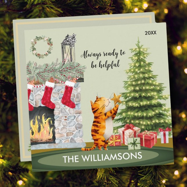 Fun Helpful Cat with Christmas Tree Card (Creator Uploaded)