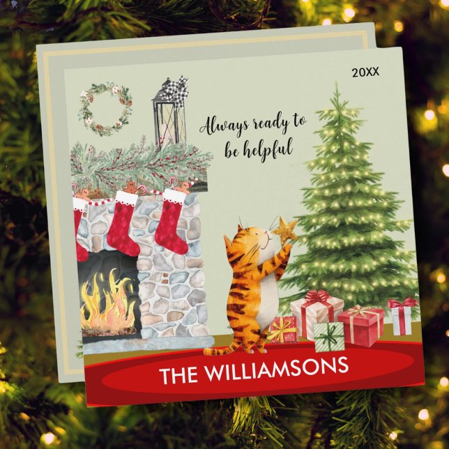 Fun Helpful Cat with Christmas Tree Card (Creator Uploaded)