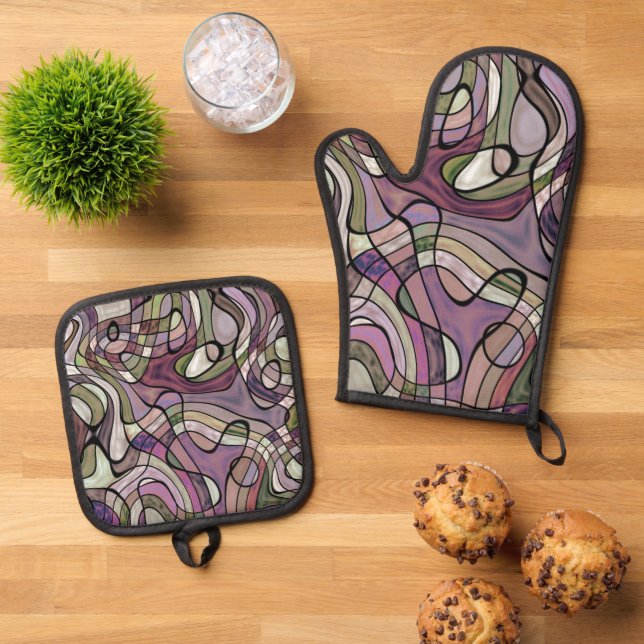Fun Hip Purple Violet Black Mosaic Art Pattern Oven Mitt & Pot Holder Set (Top Down)