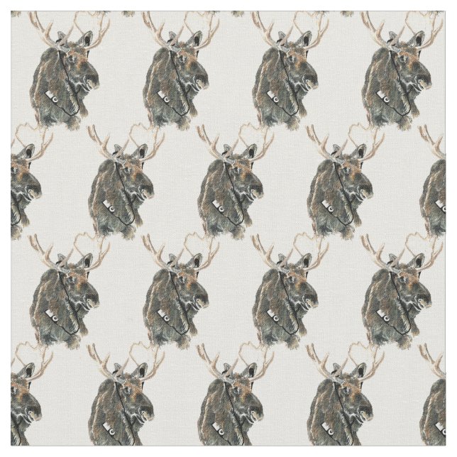 Fun Hipster Cool Moose with Tunes Bird Art Fabric (Close Up)