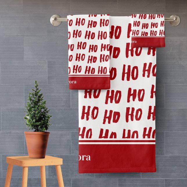 Fun Ho Ho Ho Text Red Holiday Pattern Christmas Bath Towel Set (Creator Uploaded)