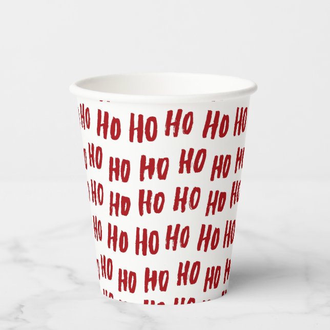 Fun Ho Ho Ho Text Red Holiday Pattern Christmas Paper Cups (Front)
