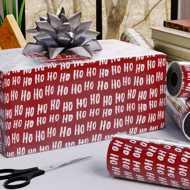 Fun Ho Ho Ho Text Red Holiday Pattern Christmas v2 Wrapping Paper (Creator Uploaded)