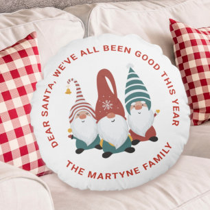 Fun Holiday Cute Personalised Christmas Gnome Round Cushion