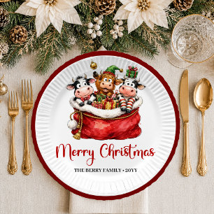 Fun Holiday quirky cow playful christmas paper pla Plate
