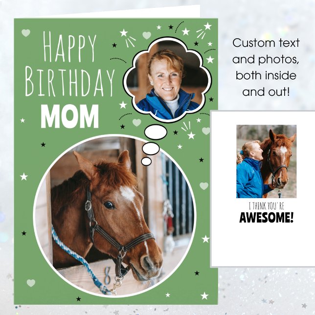Fun Horse Mum Birthday Thought Bubble Photo Green Card (Creator Uploaded)