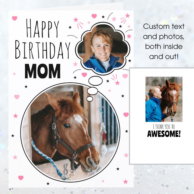 Fun Horse Mum Birthday Thought Bubble Photo White Card (Creator Uploaded)