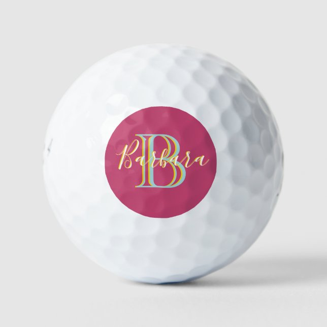Fun Hot Pink Blue Yellow Custom Monogram Name   Golf Balls (Front)
