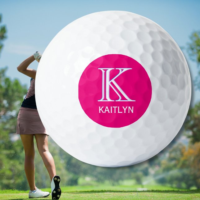 Fun Hot Pink Feminine 3-Layered Monogram Name Golf Balls (Creator Uploaded)
