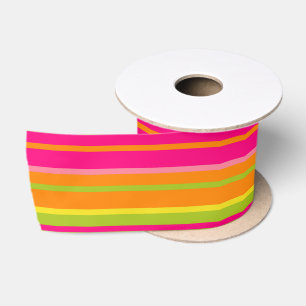 Fun Hot Pink, Lime Green and Deep Orange Stripes Satin Ribbon