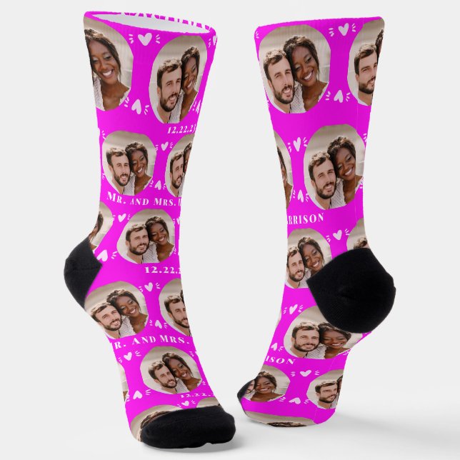 Fun Hot Pink Newlyweds Photo Pattern Socks (Angled)