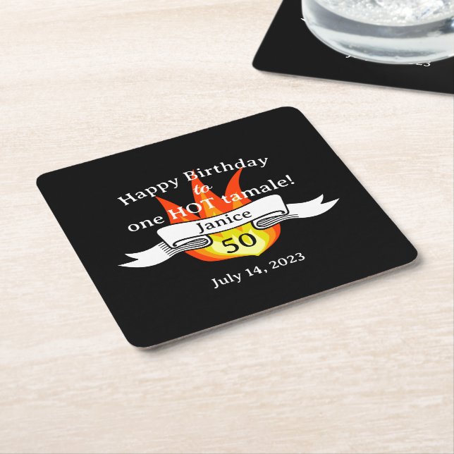 Fun 'Hot Tamale' 50th Birthday Funny Personalised Square Paper Coaster (Angled)