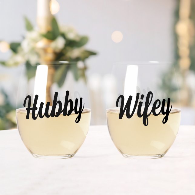 Fun Hubby + Wifey Script Wedding Newlyweds Stemless Wine Glass (Insitu (Wedding))