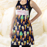 Fun Ice Cream Cone Pattern Cute Custom Name Text Apron<br><div class="desc">Fun apron featuring a pattern of ice cream cones and two lines of custom text. Add a person's name, restaurant or ice cream shop name or delete the text and rectangle and just have the pattern. Perfect for birthday parties, cafe owners, budding chefs, host/hostess gifts or anyone who loves ice...</div>