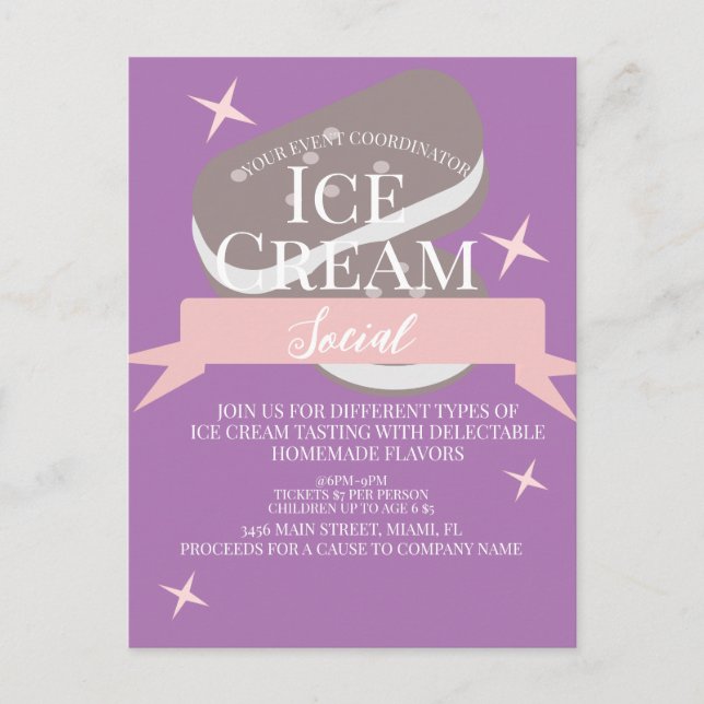  Fun Ice Cream Social Flyers Invitation  Purple Postcard (Front)