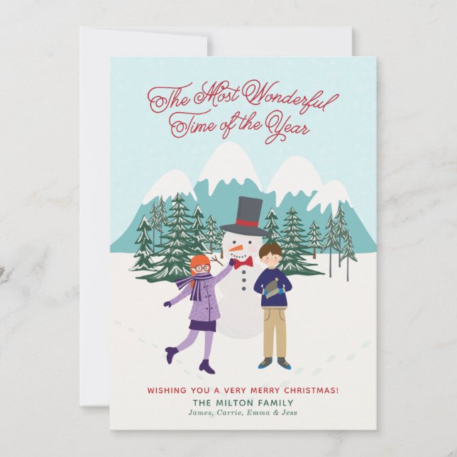 Fun Illustrated Snowman & Kids Photo Holiday Card (Front)