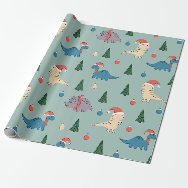 FUN ILLUSTRATION CHRISTMAS DINOSAUR GIFT WRAPPING  PAPER (Unrolled)