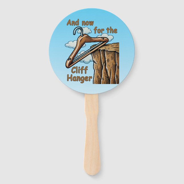 Fun Image of Cliff Hanger with Playful Wordplay Hand Fan (Front)