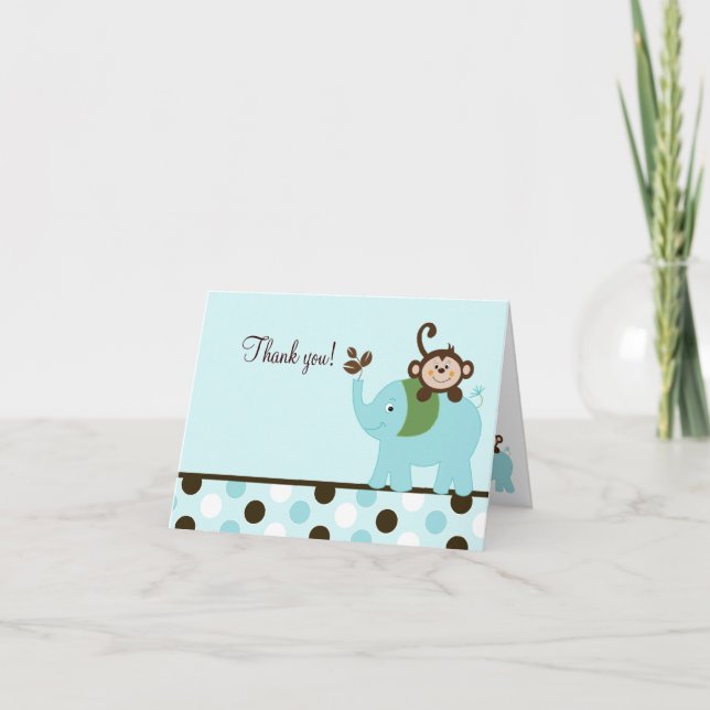 Fun in the Jungle Blue Dot Monkey Elephant Card (Front)