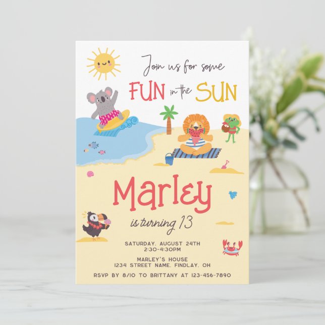 Fun in the Sun Beach Animal Birthday Party Any Age Invitation (Standing Front)