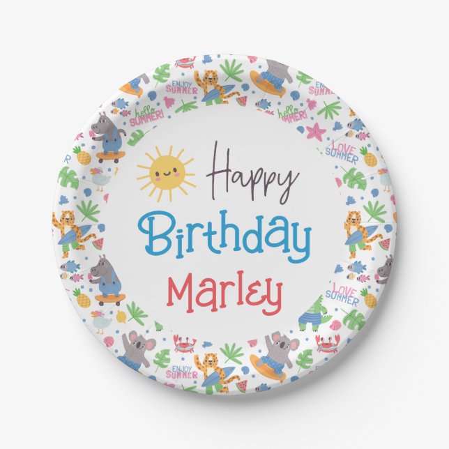 Fun in the Sun Beach Animal Happy Birthday Paper Plate (Front)