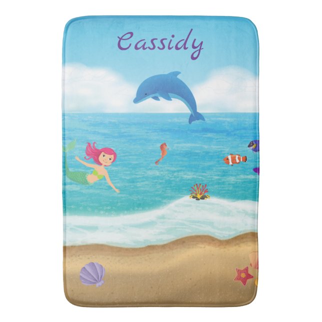 Fun in the Sun Mermaid Dolphin Beach Personalised Bath Mat (Front Vertical)